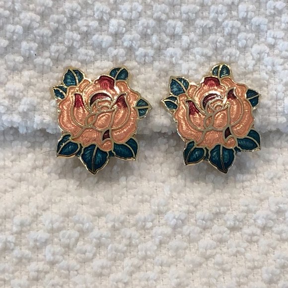 Just SO Gorgeous Vintage Cloisonne Enamel Rose / Flower Clip On Earrings - Picture 5 of 6